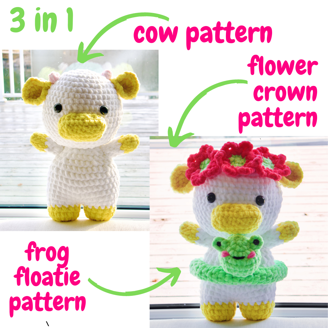 Crochet Pattern Cow with Flower Crown and Frog Floatie (Jumbo)